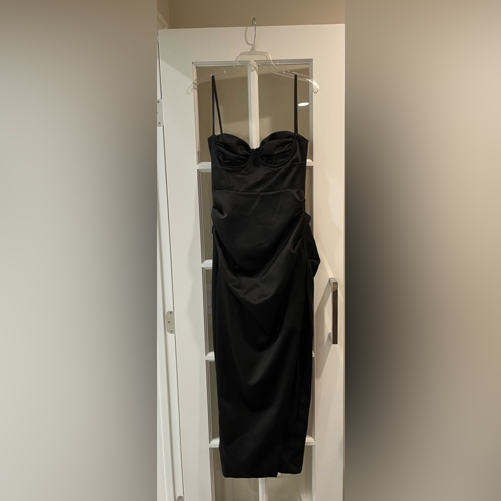 HOUSE OF CB Flora Black Satin Pleated Corset Midi Dress Small